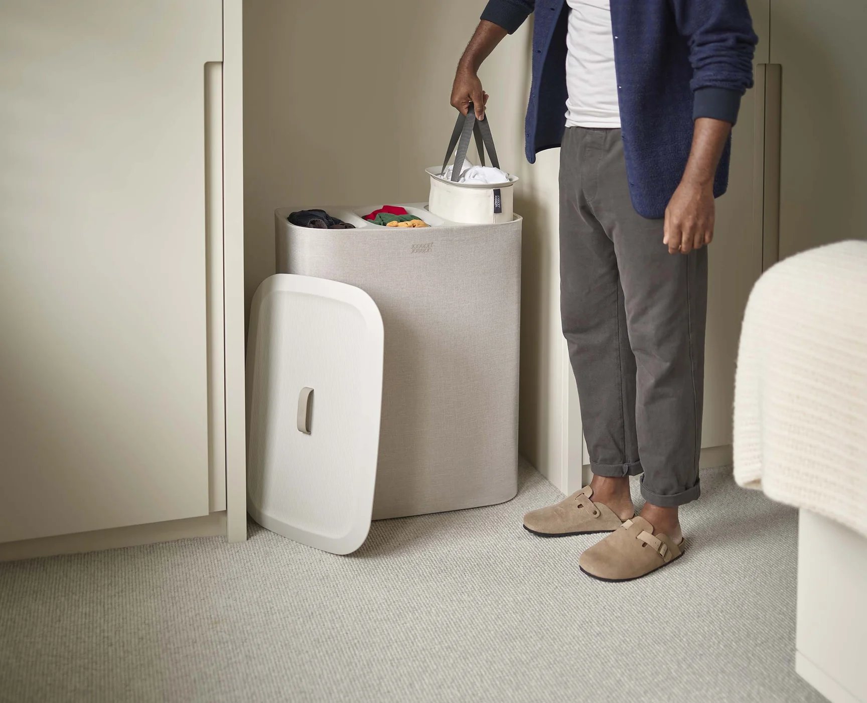 Joseph Joseph beige laundry sorter with removable carrier