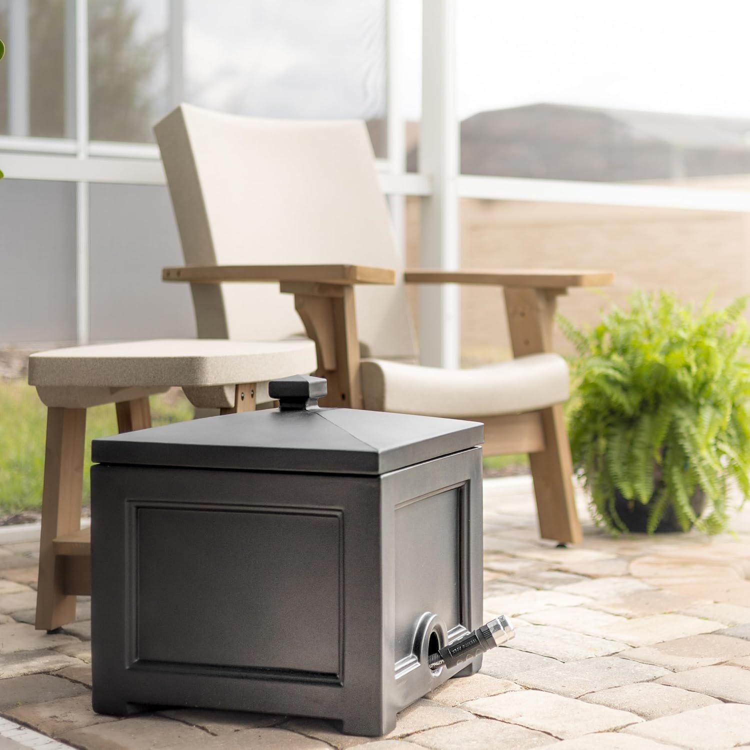 Mayne black hose-hideaway box on patio