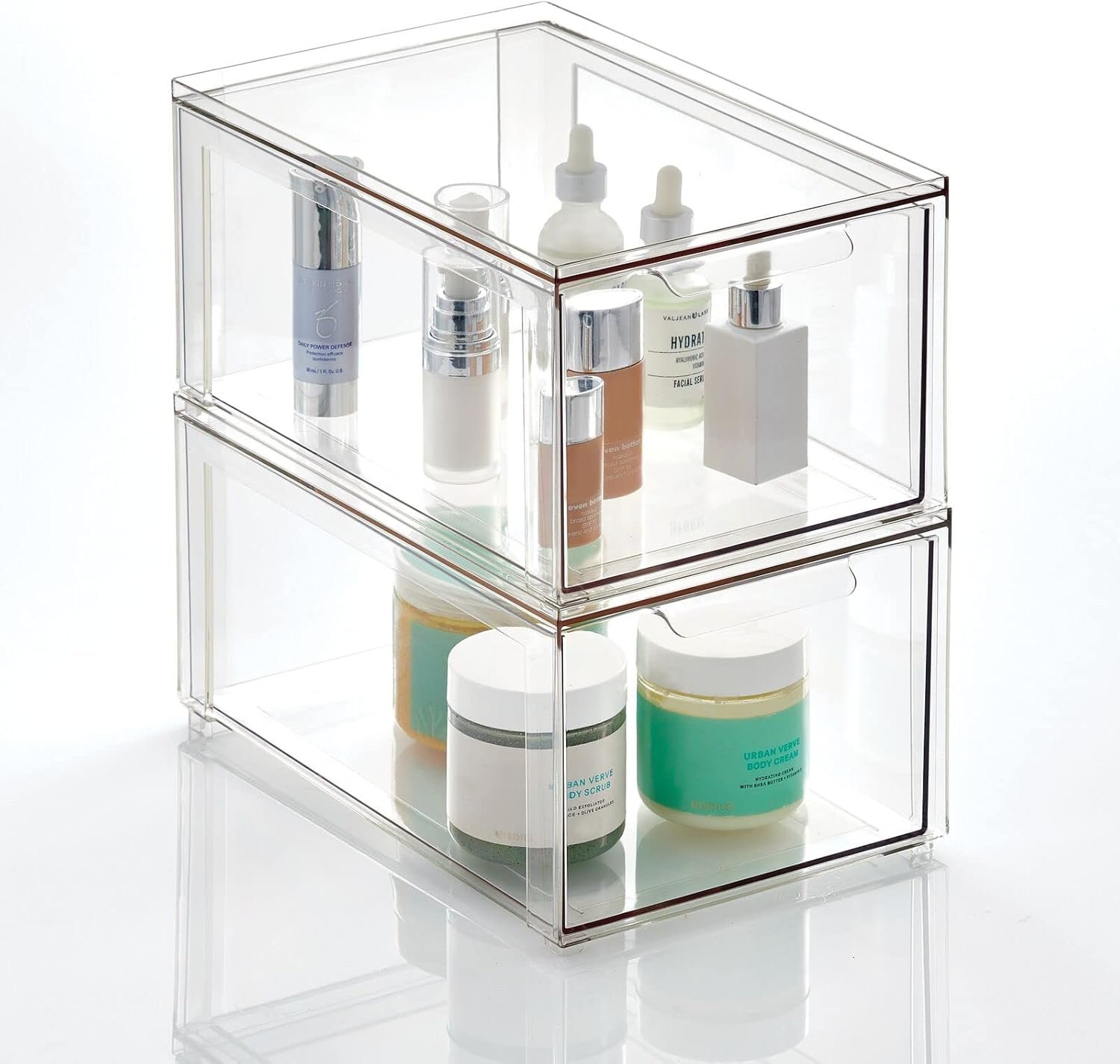 mDesign clear stacking storage drawers with skincare